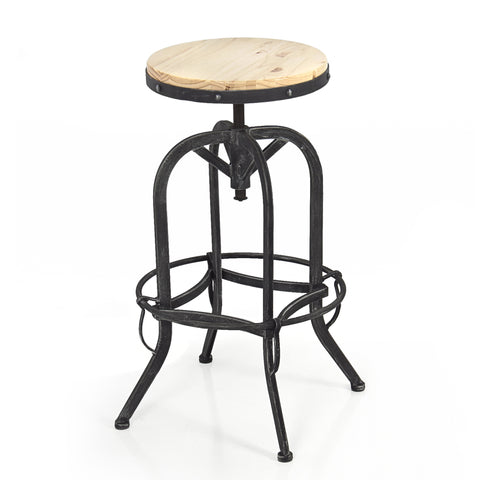 Vintage Bar Stool Industrial Metal Design Wood Top Adjustable Height Swivel