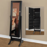 Black Mirrored Jewelry Cabinet Amoire w Stand Mirror Rings, Necklaces, Bracelets