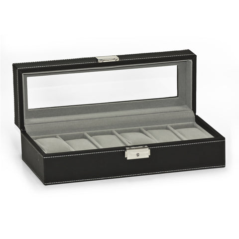 Watch Box 6 Mens Black Leather Display Glass Top Jewelry Case Organizer