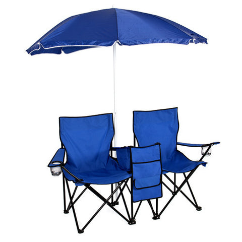 Picnic Double Folding Chair w Umbrella Table Cooler  Fold Up Beach Camping Chair