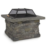 Elegant 29" Outdoor Patio Firepit w/ Iron Fire Bowl, Stone Base, & Mesh Cover