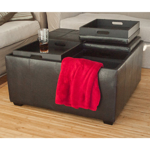 Leather 4 Tray Top Storage Ottoman