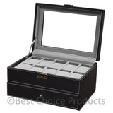 Mens 20 Watch Black Leather Display Case Organizer w/ Glass Top Box