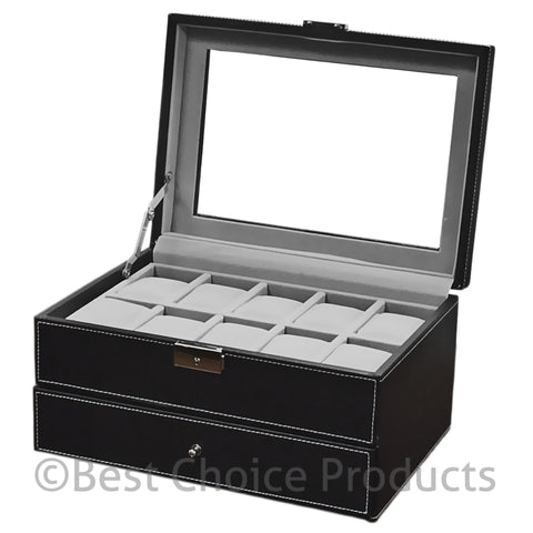 Mens 20 Watch Black Leather Display Case Organizer w/ Glass Top Box