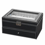 Mens 20 Watch Black Leather Display Case Organizer w/ Glass Top Box