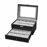 Mens 20 Watch Black Leather Display Case Organizer w/ Glass Top Box