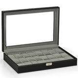Watch Box Large 24 Mens Black Leather Display Glass Top Jewelry Case Organizer
