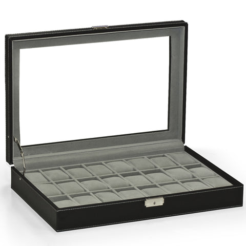 Watch Box Large 24 Mens Black Leather Display Glass Top Jewelry Case Organizer