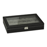 Watch Box Large 24 Mens Black Leather Display Glass Top Jewelry Case Organizer