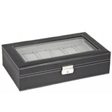 Watch Box Large 12 Mens Black Leather Display Glass Top Jewelry Case Organizer