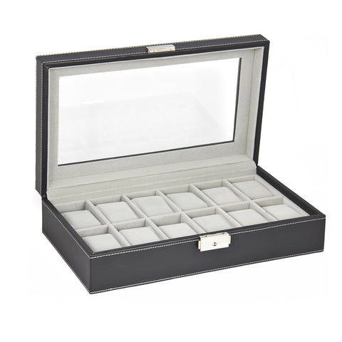 Watch Box Large 12 Mens Black Leather Display Glass Top Jewelry Case Organizer