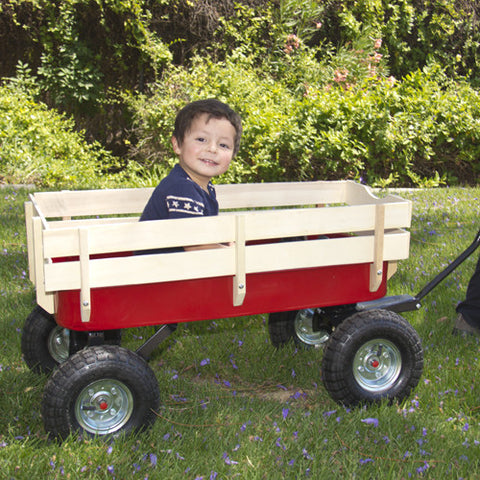 Wood Wagon ALL Terrain Pulling Red w/ Wood Railing Children Kid Garden Cart