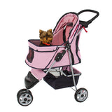 New Deluxe Folding 3 Wheel Pet Stroller Dog Cat  Carrier w Cup Holder Tray -Pink