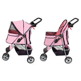 New Deluxe Folding 3 Wheel Pet Stroller Dog Cat  Carrier w Cup Holder Tray -Pink