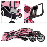 New Deluxe Folding 3 Wheel Pet Stroller Dog Cat  Carrier w Cup Holder Tray -Pink