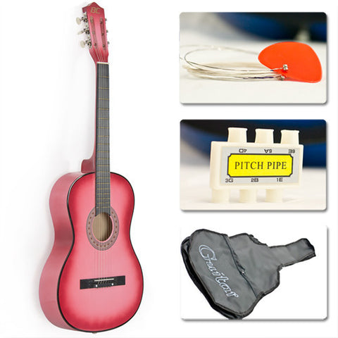 Beginners Acoustic Guitar With Guitar Case, Strap, Tuner and Pick Pink