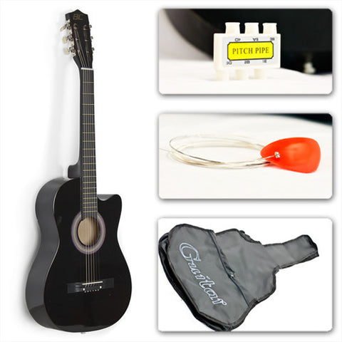 Black Acoustic Guitar Cutaway Design With Guitar Case, Strap, Tuner and Pick